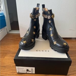 Gucci Black Leather Star & Bee Crystal Strap Lug Sole Ankle Boots